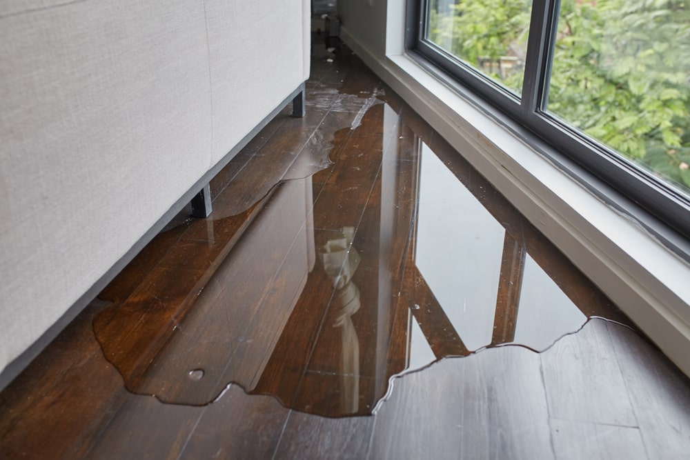 Leaking Roof Puddle Of Water On A Wooden Floor